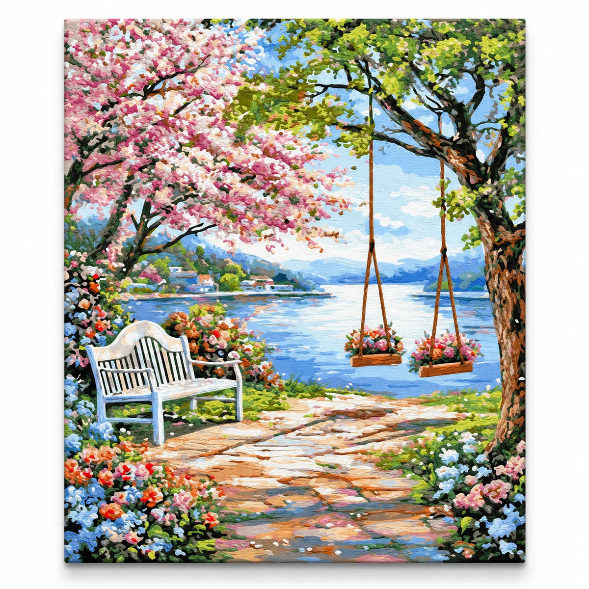 Lakeside Blossom Garden Swing paint by numbers artwork on a front-facing canvas against a white background