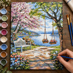 Complete Lakeside Blossom Garden Swing numbered canvas being painted with acrylic paints and brushes
