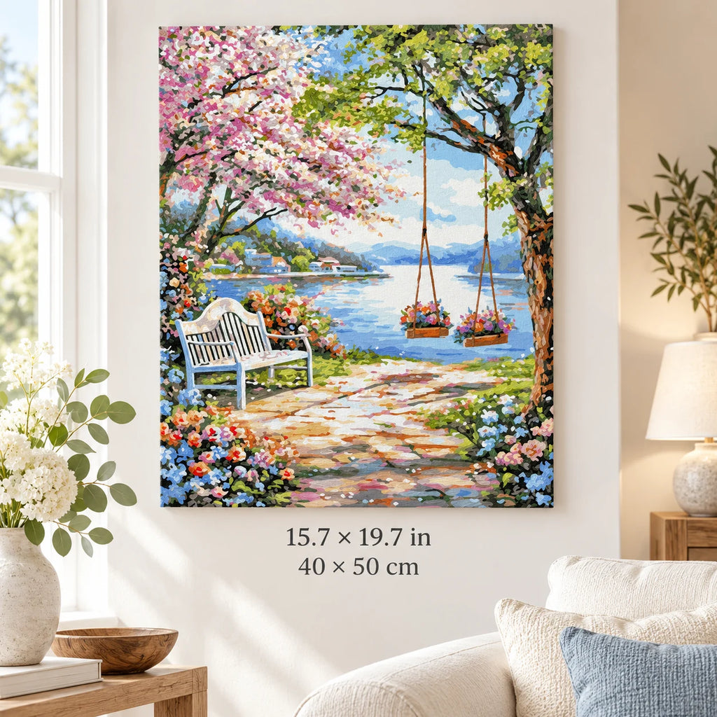 Lakeside Blossom Garden Swing shown in a styled room with 15.7 × 19.7 in and 40 × 50 cm dimensions
