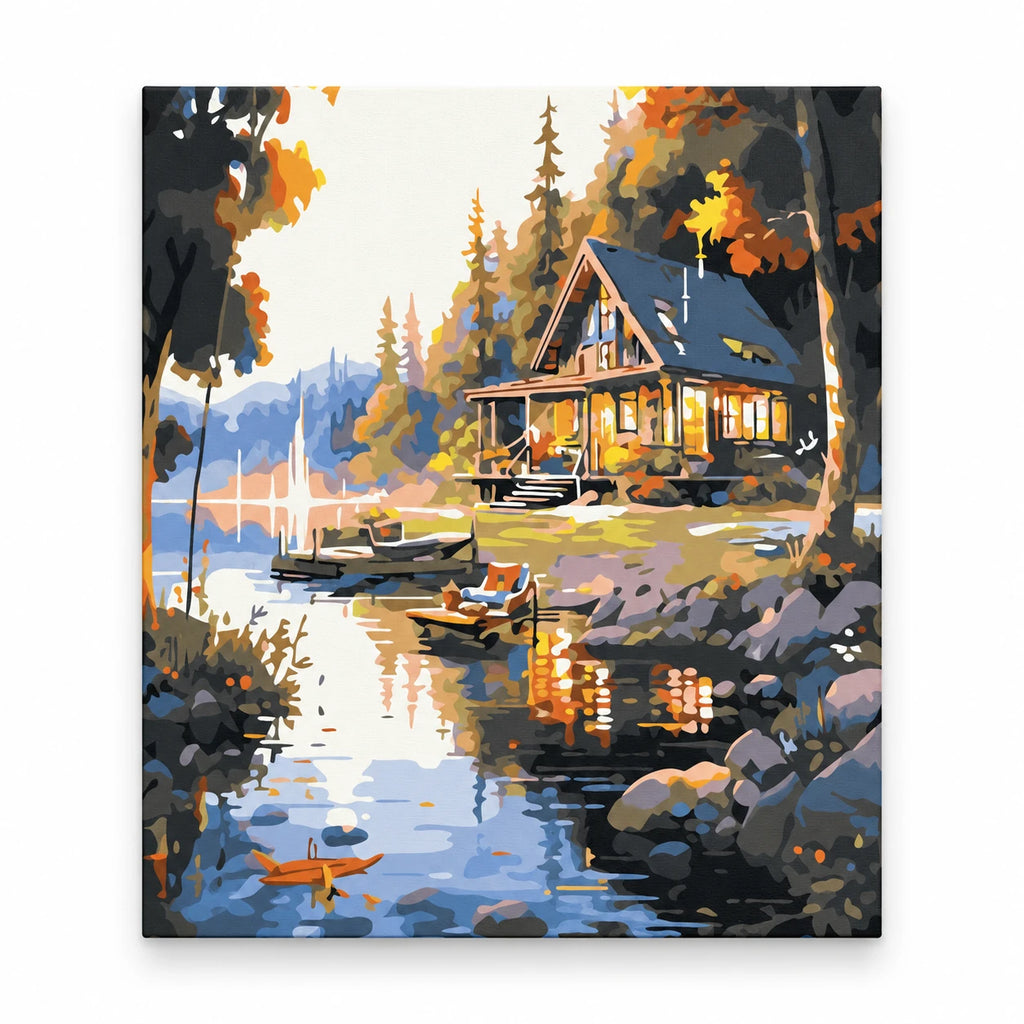 Lakeside Cabin in Golden Light paint by numbers artwork on a front-facing canvas against a white background