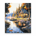 Lakeside Cabin in Golden Light paint by numbers artwork on a front-facing canvas against a white background
