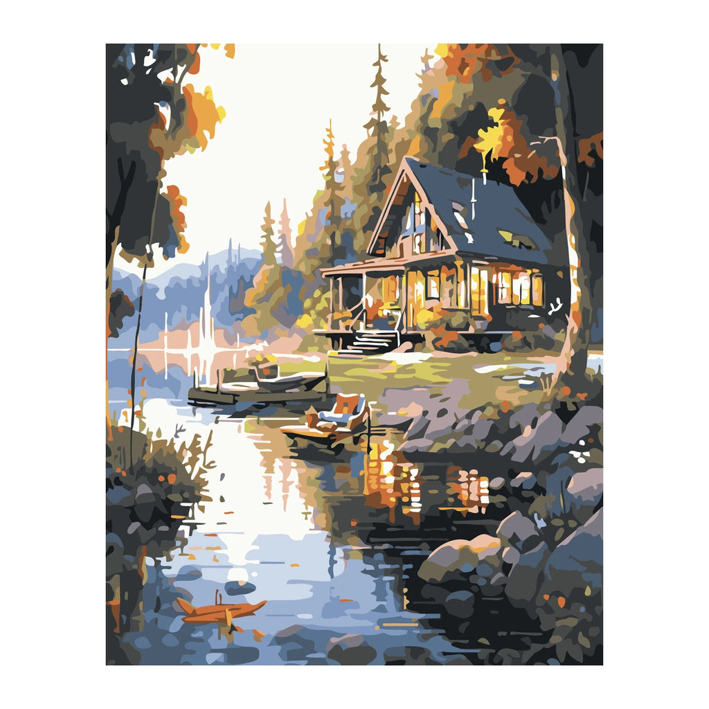 Lakeside Cabin in Golden Light completed artwork on a clean white background