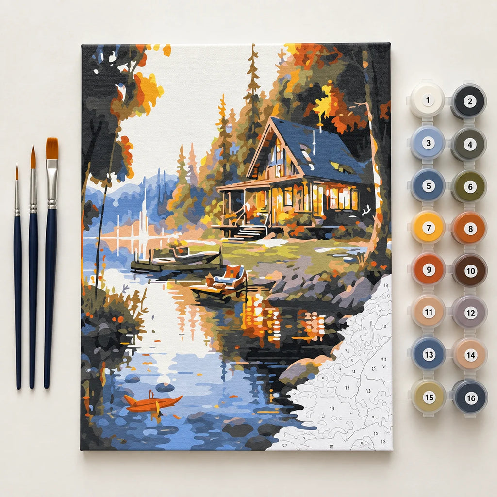 Complete Lakeside Cabin in Golden Light numbered canvas being painted with acrylic paints and brushes