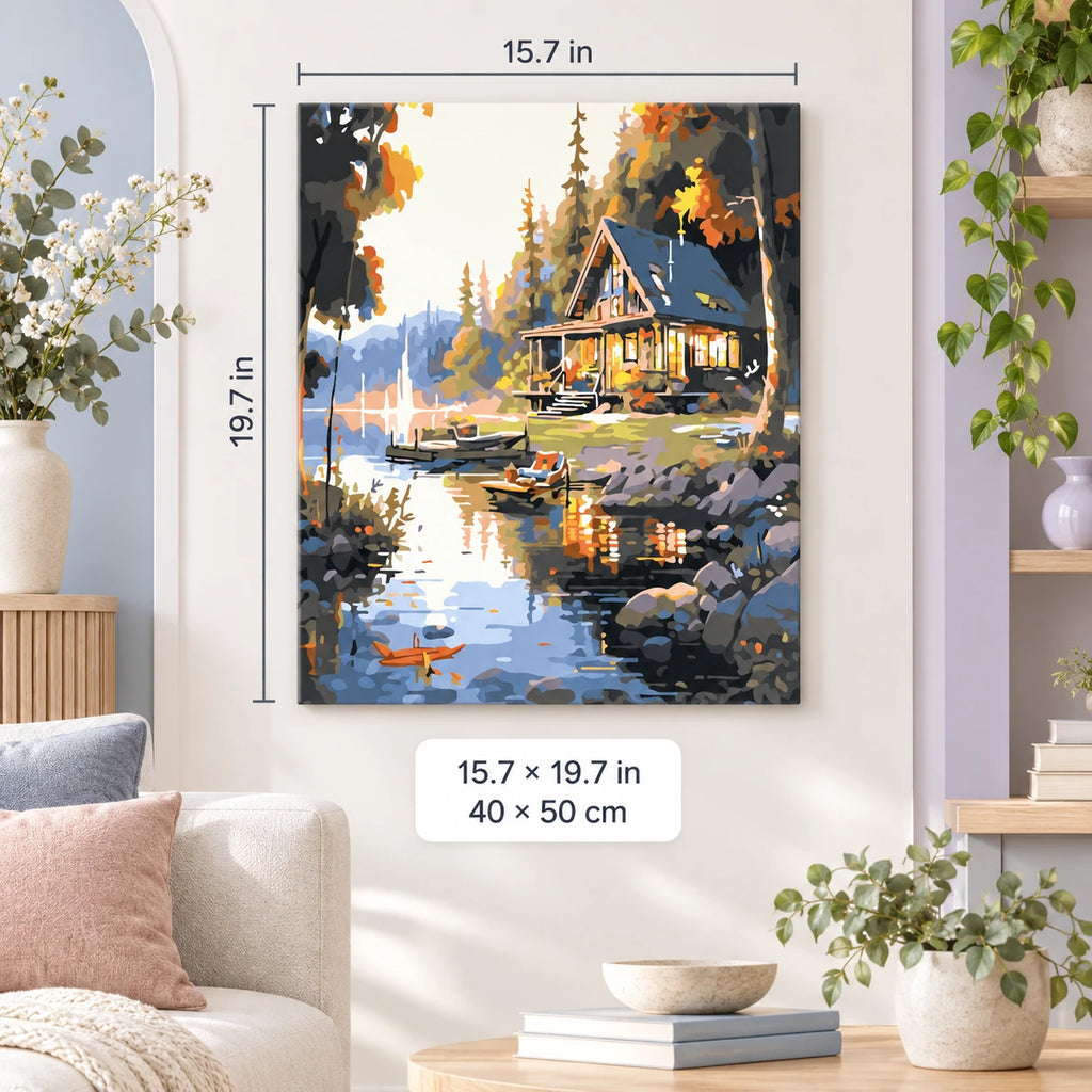 Lakeside Cabin in Golden Light shown in a styled room with 15.7 × 19.7 in and 40 × 50 cm dimensions