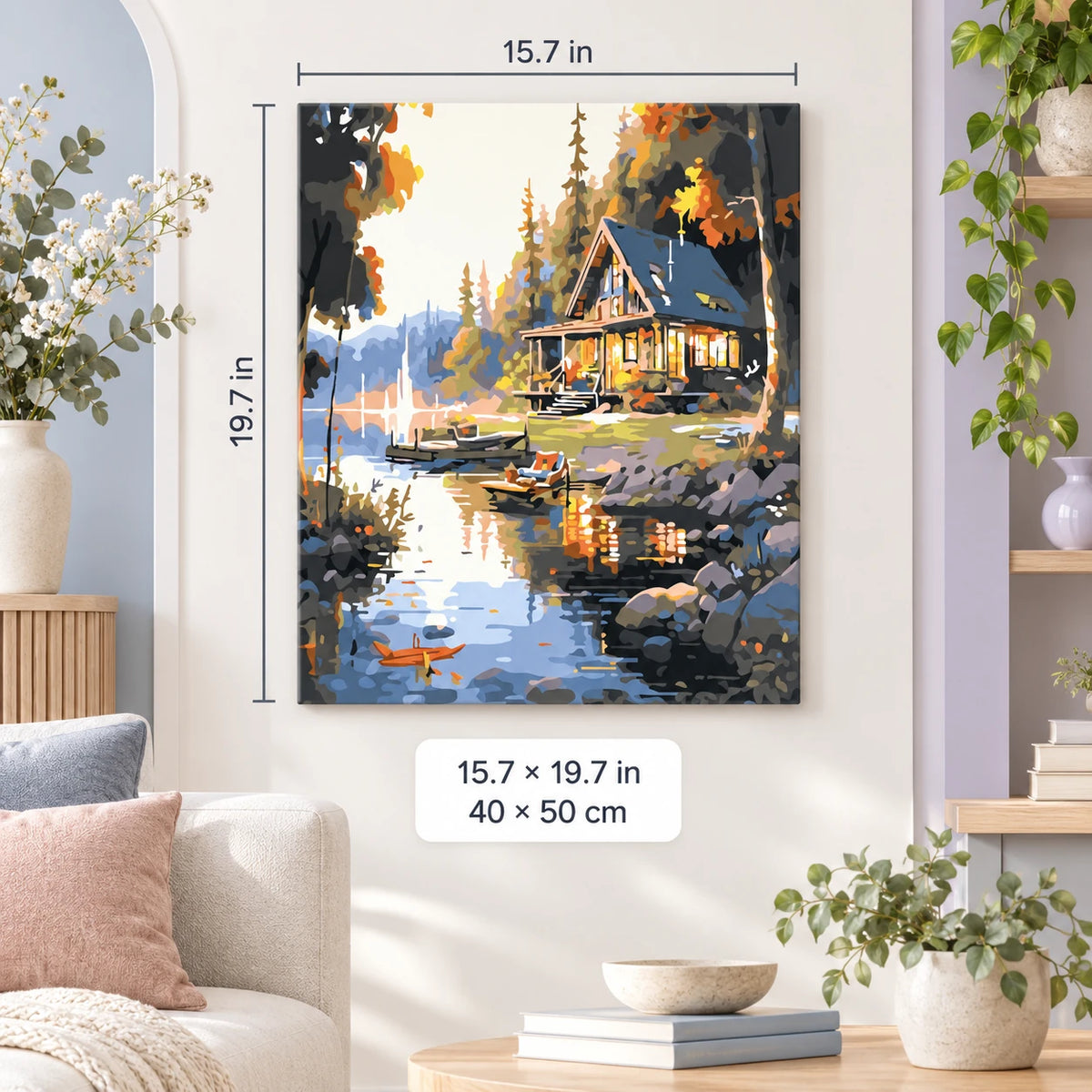 Lakeside Cabin in Golden Light shown in a styled room with 15.7 × 19.7 in and 40 × 50 cm dimensions