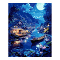Original artwork for Lakeside Moon Glow Diamond Painting Kit, showing a moonlit mountain village and boats reflected on a blue lake.