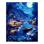 Original artwork for Lakeside Moon Glow Diamond Painting Kit, showing a moonlit mountain village and boats reflected on a blue lake.