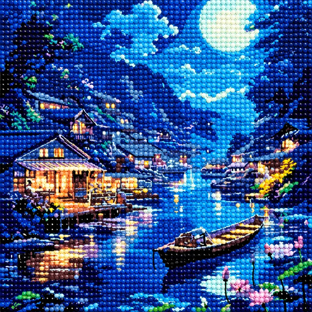 Close-up detail of drill texture across a moonlit mountain village and boats reflected on a blue lake.