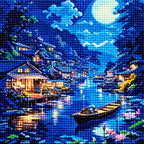 Close-up detail of drill texture across a moonlit mountain village and boats reflected on a blue lake.