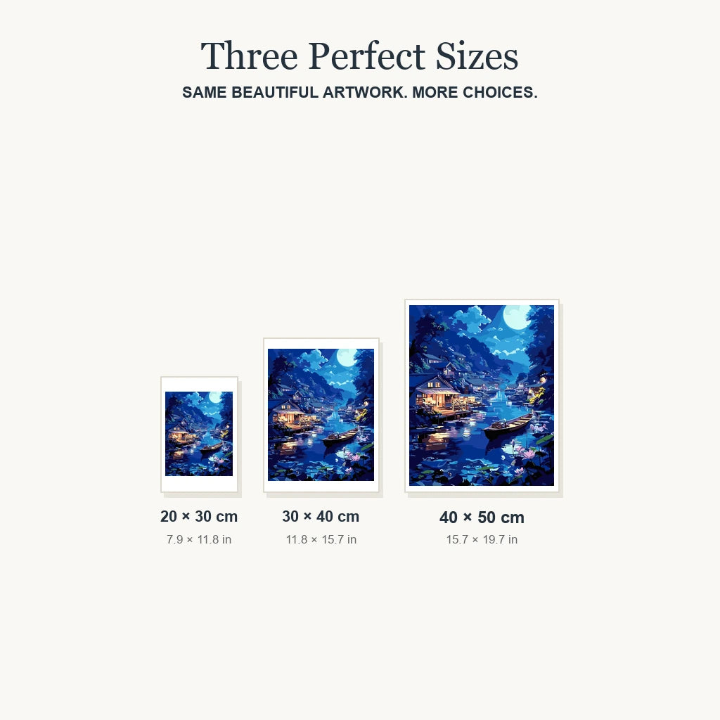 Size guide for Lakeside Moon Glow Diamond Painting Kit: 20 × 30 cm, 30 × 40 cm and 40 × 50 cm.