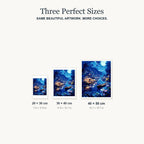 Size guide for Lakeside Moon Glow Diamond Painting Kit: 20 × 30 cm, 30 × 40 cm and 40 × 50 cm.