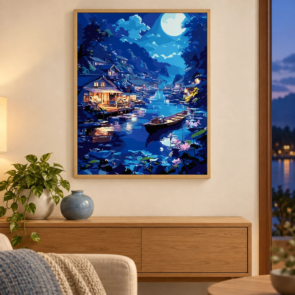 Home decor scene showing the Lakeside Moon Glow Diamond Painting Kit artwork displayed in a room.