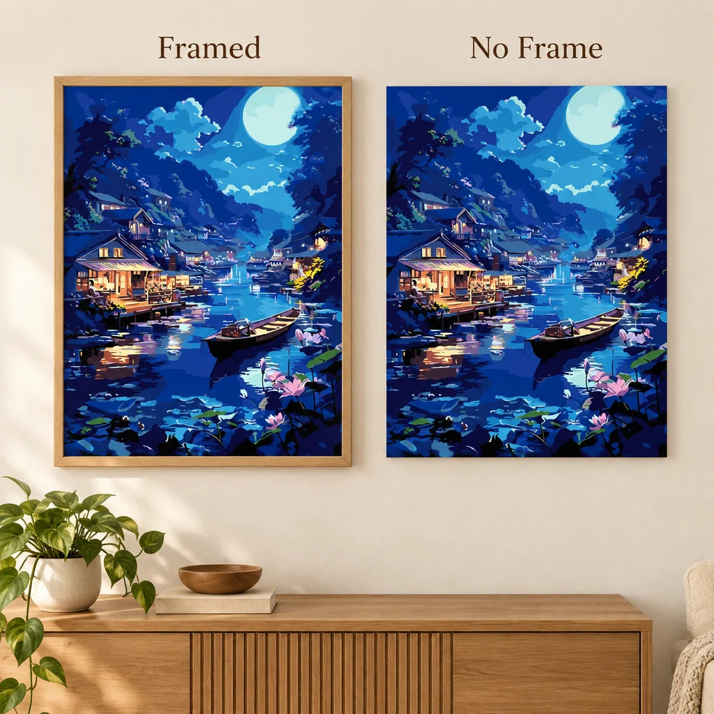 Framed and no-frame comparison for Lakeside Moon Glow Diamond Painting Kit, showing the same moonlit mountain village and boats reflected on a blue lake.