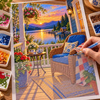 Lakeside Reading Porch at Sunset — diamond painting process with an applicator pen