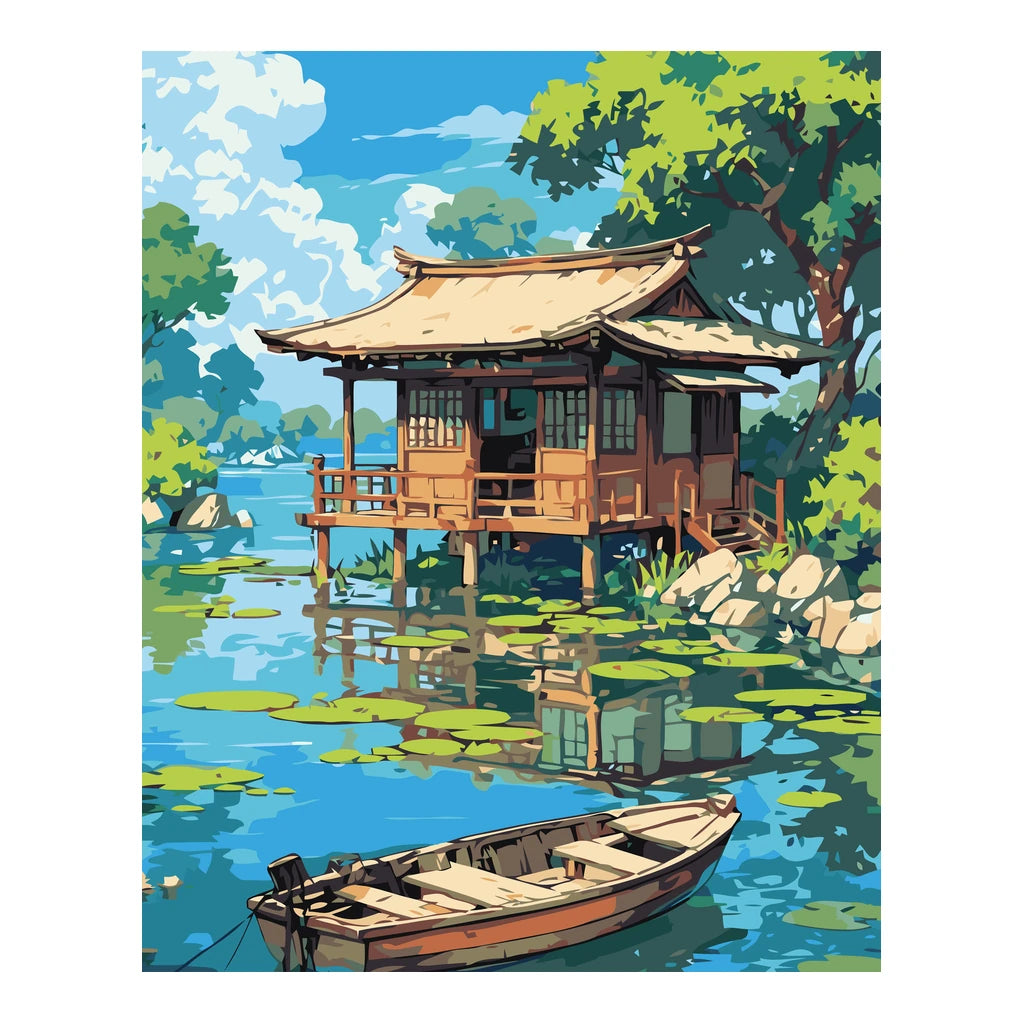 Original artwork for Lakeside Serenity Diamond Painting Kit, showing a wooden cabin and rowboat beside a calm tree-lined lake.