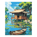 Original artwork for Lakeside Serenity Diamond Painting Kit, showing a wooden cabin and rowboat beside a calm tree-lined lake.