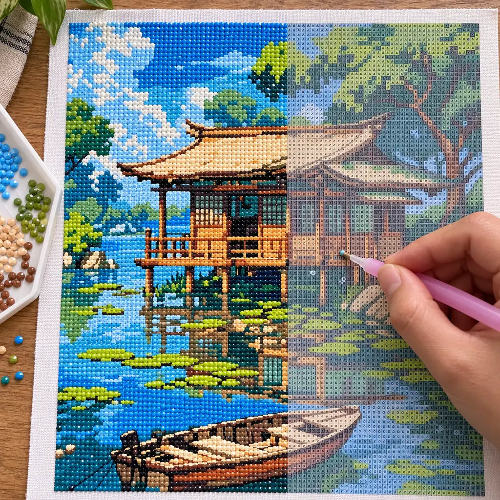 Diamond painting process for Lakeside Serenity, showing drills being placed over a wooden cabin and rowboat beside a calm tree-lined lake.