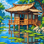 Close-up of drill texture and color in a wooden cabin and rowboat beside a calm tree-lined lake.