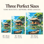 Size guide for Lakeside Serenity: 20 × 30 cm, 30 × 40 cm, and 40 × 50 cm.
