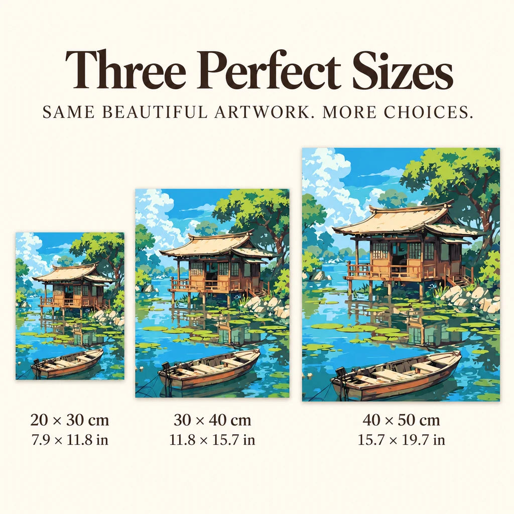 Size guide for Lakeside Serenity: 20 × 30 cm, 30 × 40 cm, and 40 × 50 cm.