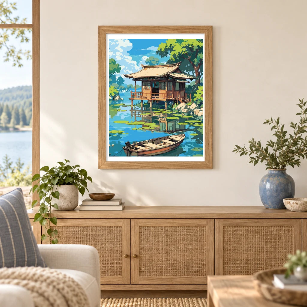 Home decor scene showing Lakeside Serenity artwork displayed on a wall.