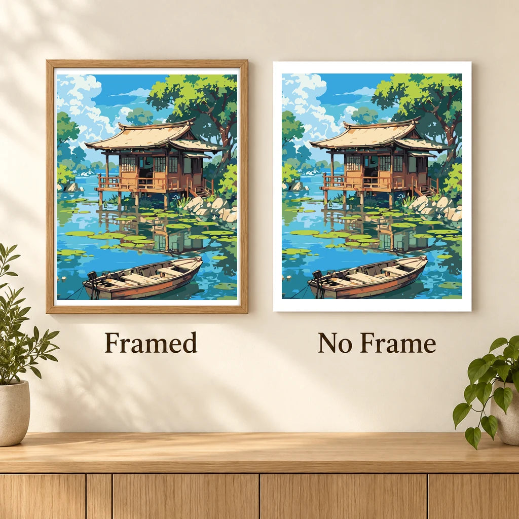 Framed and no-frame comparison for Lakeside Serenity artwork.