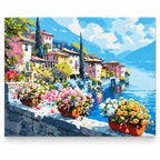 Lakeside Village Flower Terrace paint by numbers artwork on a front-facing canvas against a white background