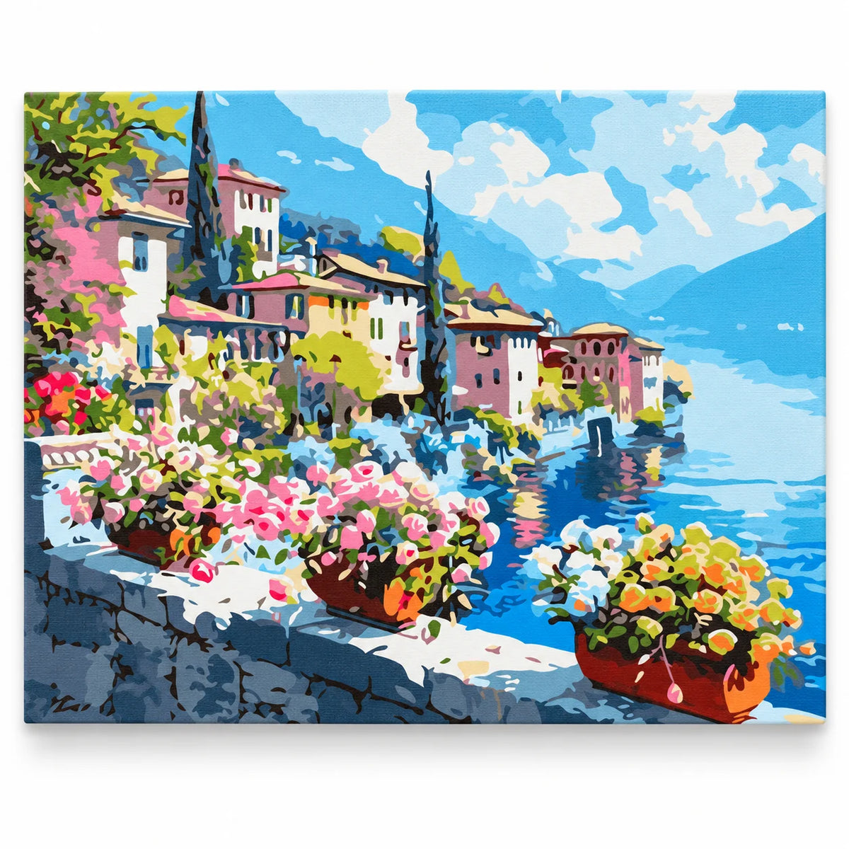 Lakeside Village Flower Terrace paint by numbers artwork on a front-facing canvas against a white background