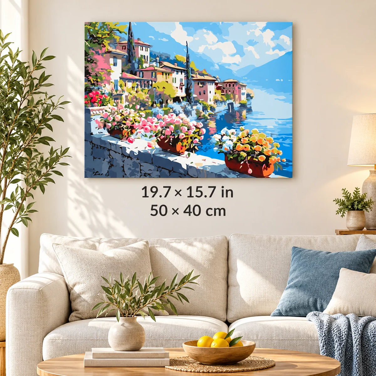 Lakeside Village Flower Terrace shown in a styled room with 19.7 × 15.7 in and 50 × 40 cm dimensions