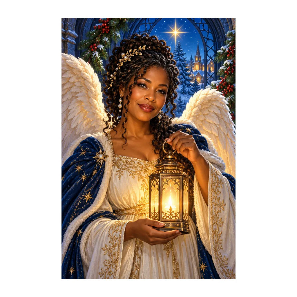 White-background original artwork of lantern angel in a gothic arch