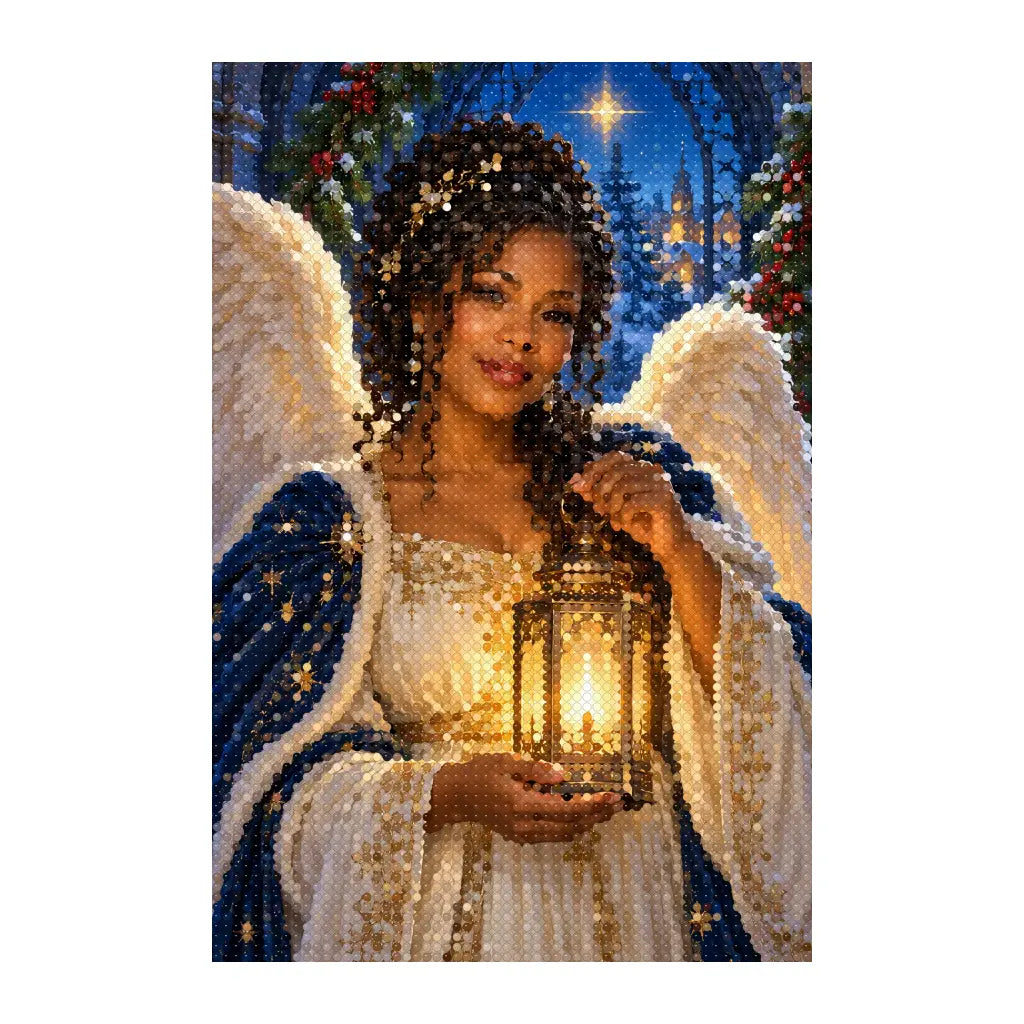 White-background finished diamond painting of lantern angel in a gothic arch