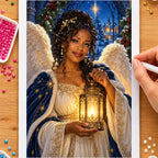 Hands placing drills on the lantern angel in a gothic arch diamond painting canvas