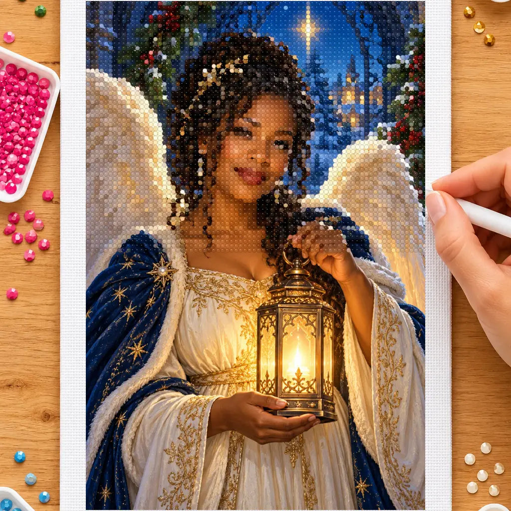 Hands placing drills on the lantern angel in a gothic arch diamond painting canvas