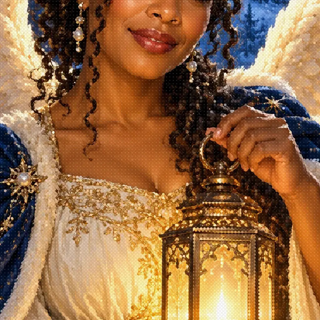 Close-up diamond detail of the lantern angel in a gothic arch diamond painting