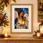 Framed home display of lantern angel in a gothic arch diamond painting