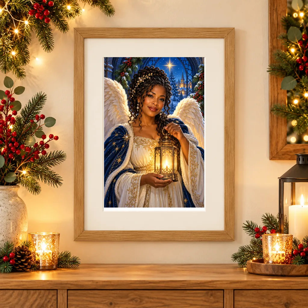 Framed home display of lantern angel in a gothic arch diamond painting