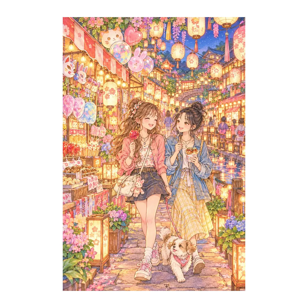 White-background original artwork of two friends exploring a glowing lantern festival with colorful stalls and a small dog for a diamond painting kit