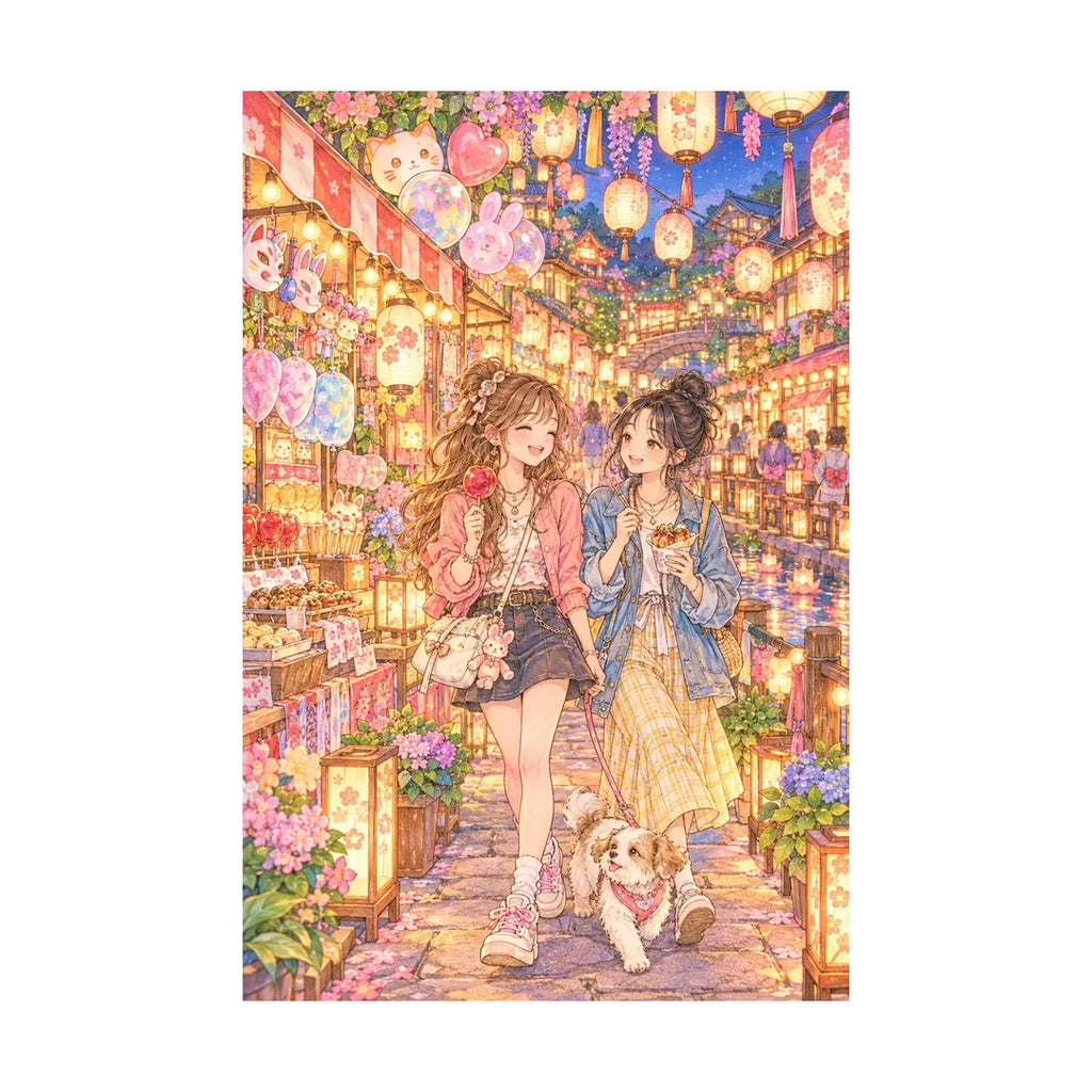White-background original artwork of two friends exploring a glowing lantern festival with colorful stalls and a small dog for a diamond painting kit