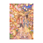 White-background original artwork of two friends exploring a glowing lantern festival with colorful stalls and a small dog for a diamond painting kit