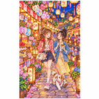 White-background finished diamond painting of two friends exploring a glowing lantern festival with colorful stalls and a small dog with sparkling drills