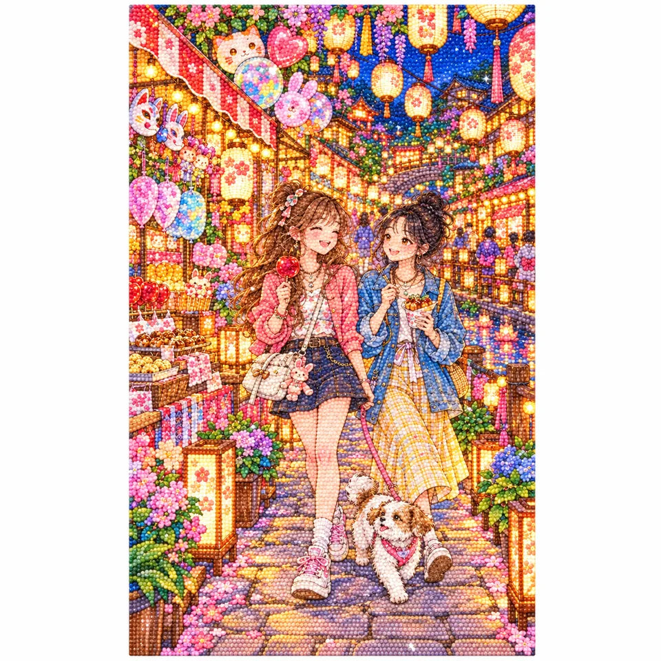 White-background finished diamond painting of two friends exploring a glowing lantern festival with colorful stalls and a small dog with sparkling drills