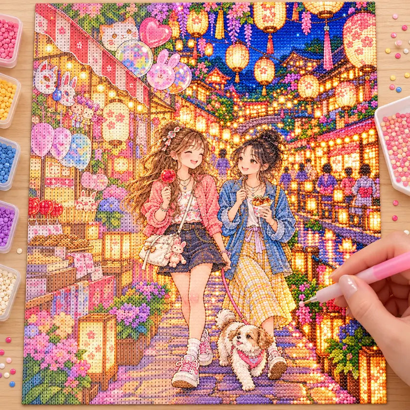 Diamond painting process showing two friends exploring a glowing lantern festival with colorful stalls and a small dog being completed with a stylus