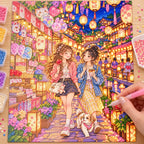 Diamond painting process showing two friends exploring a glowing lantern festival with colorful stalls and a small dog being completed with a stylus