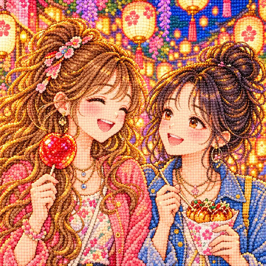 Close-up diamond drill detail of two friends exploring a glowing lantern festival with colorful stalls and a small dog artwork