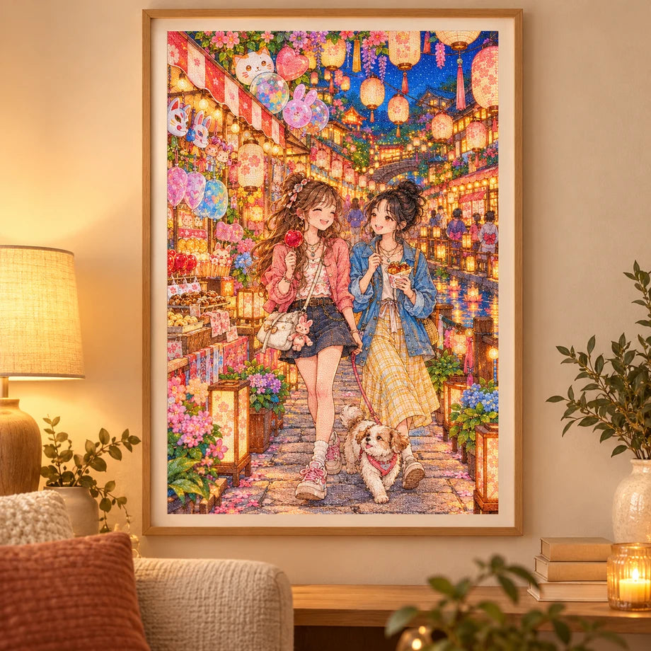 Framed two friends exploring a glowing lantern festival with colorful stalls and a small dog diamond painting displayed as home decor