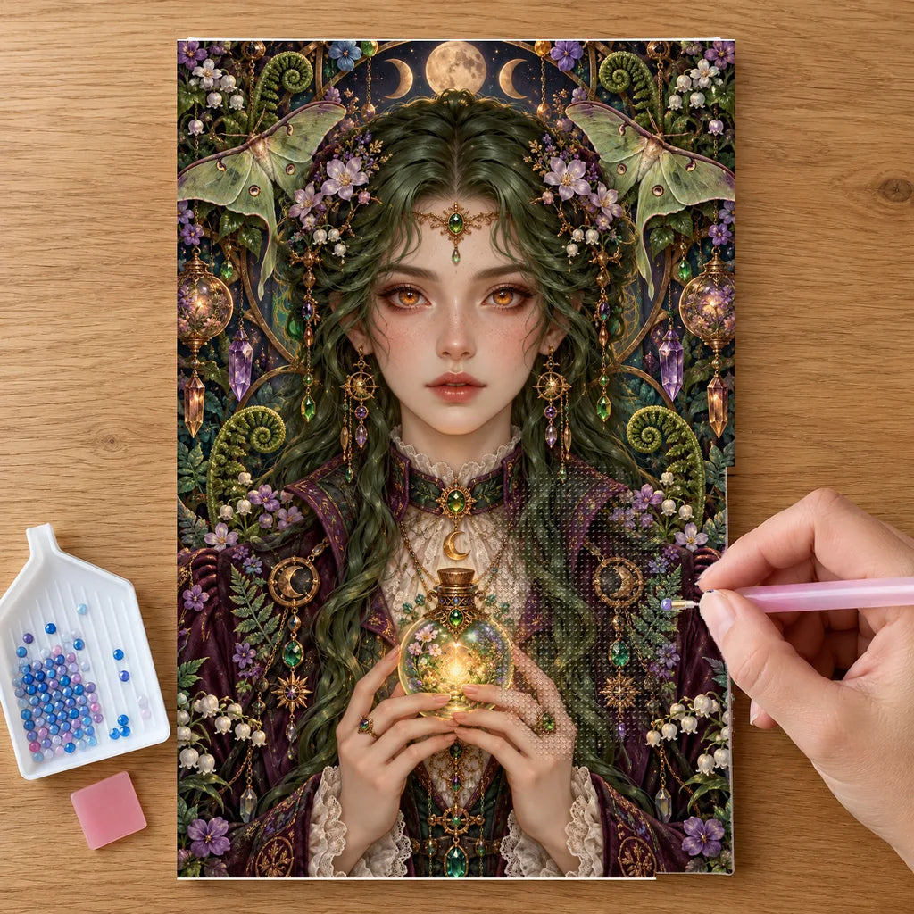 Hands placing drills on the Lantern Moth Alchemist diamond painting canvas