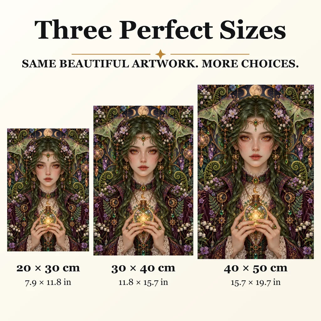 Lantern Moth Alchemist diamond painting in 20 by 30, 30 by 40, and 40 by 50 centimeter sizes