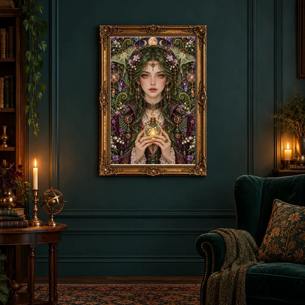 Framed Lantern Moth Alchemist diamond painting displayed in a home interior
