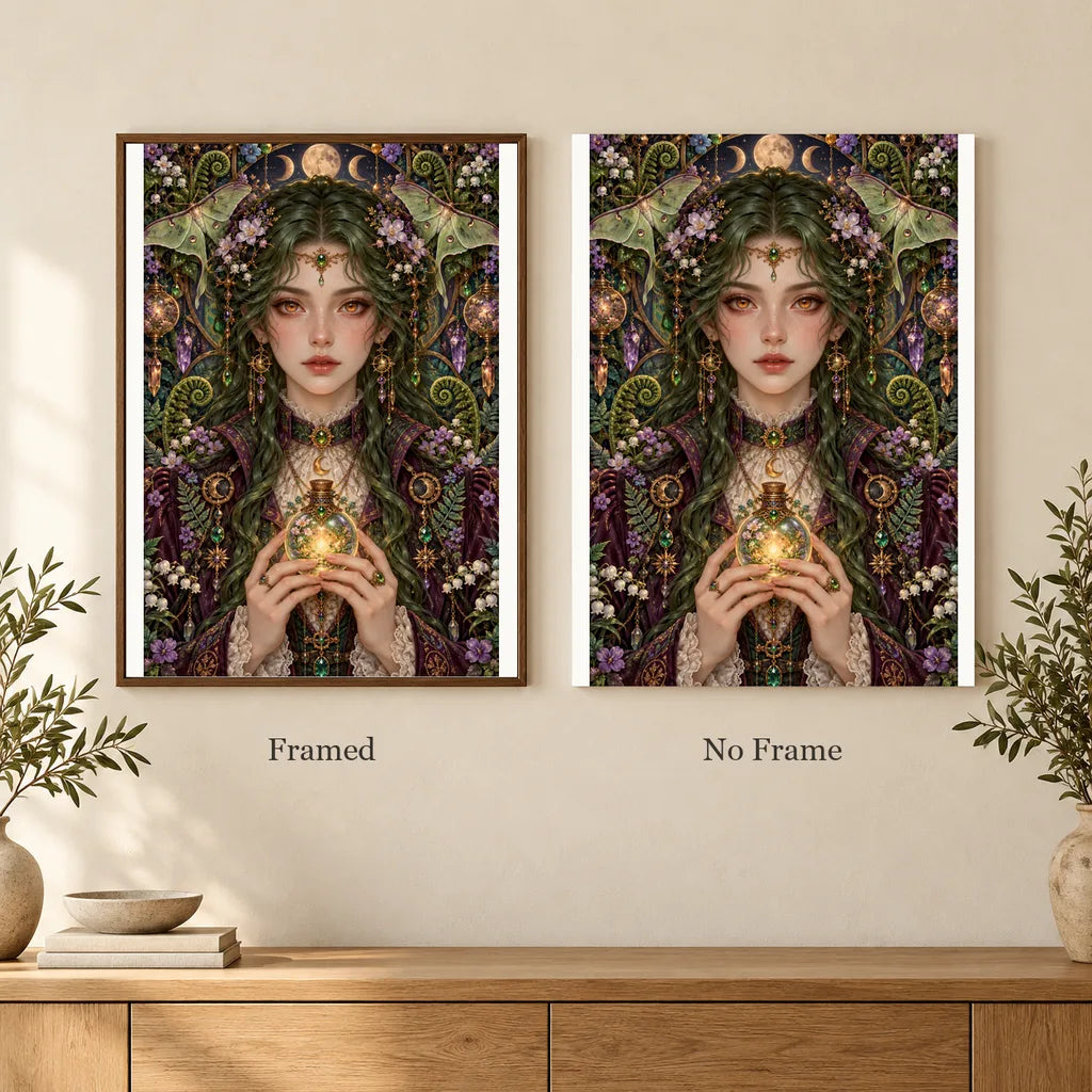 Framed and no-frame options for the Lantern Moth Alchemist diamond painting