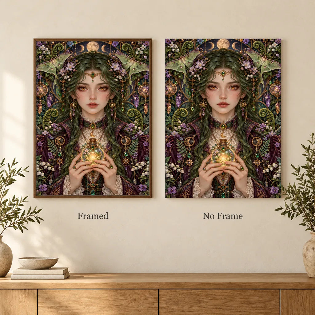 Framed and no-frame options for the Lantern Moth Alchemist diamond painting